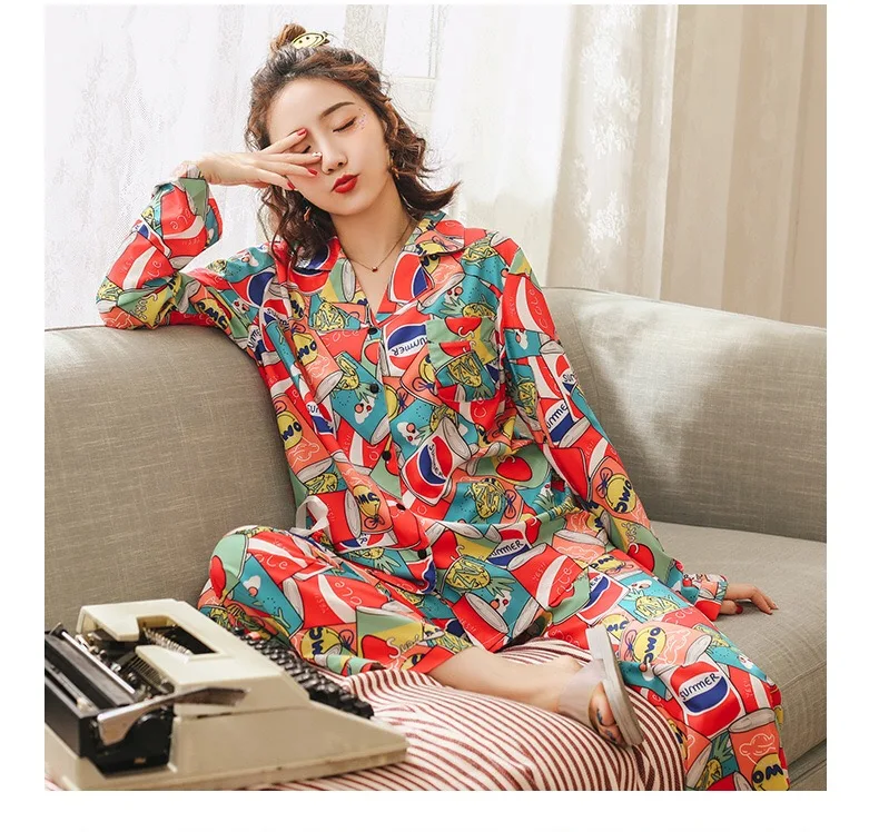 Autumn Fashion New Colorful Pajamas Set Ladies Comfort Soft Ice Silk Long Sleeve Homewear Femme Satin Long Sleeve Sleepwear