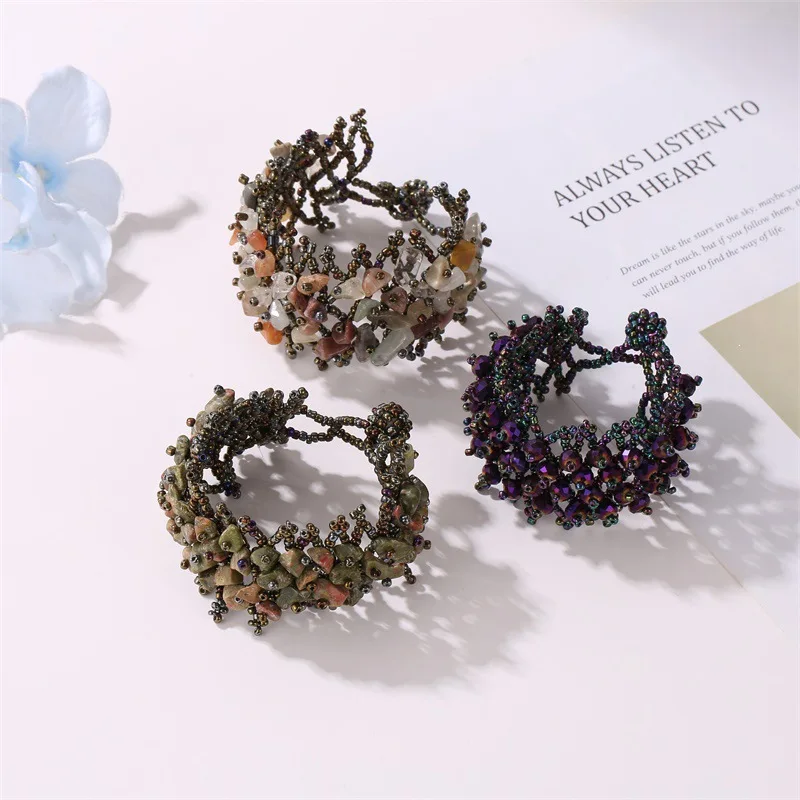 Богемные разноцветный натуральный камень браслеты для женщин Мода гравий бисером эластичный кристалл полый браслет амулет pulseras Mujer