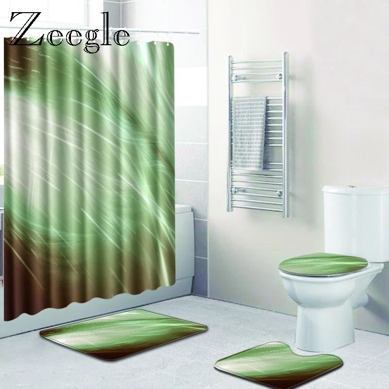 Zeegle Printed Bath Shower Curtain with Mat Set Non-slip Bathroom Doormat Floor Rug Absorption Mat Pedestal Rug Lid Toilet Cover