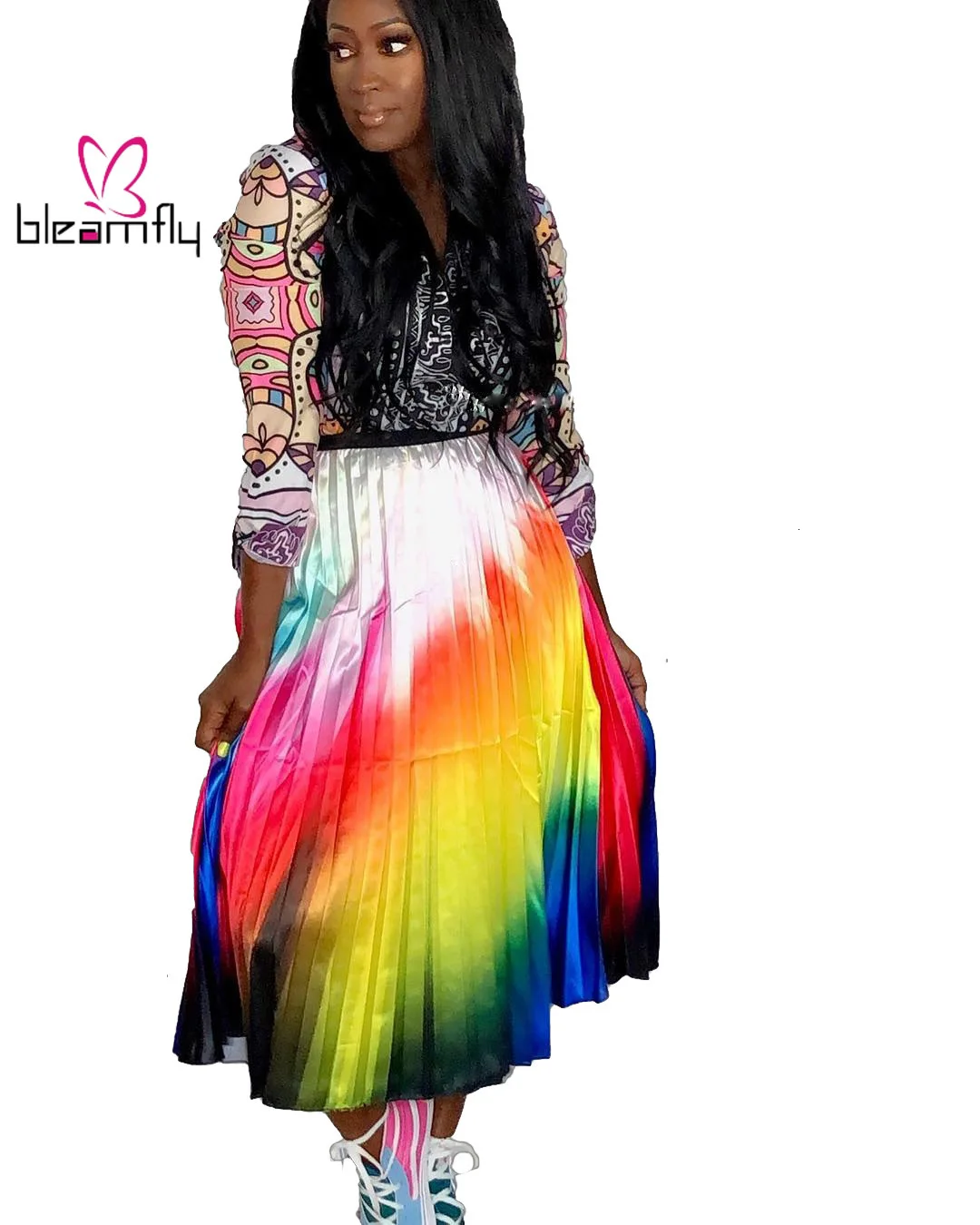 Осенняя Женская Новая цветная юбка до середины икры с высокой талией, винтажная Классическая модная трапециевидная плиссированная юбка