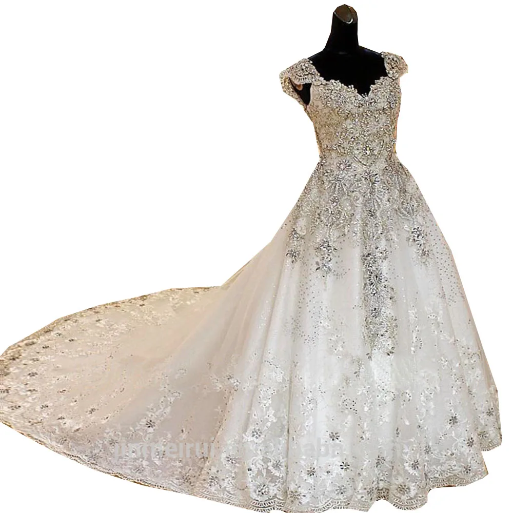 

Cap Sleeves Luxury Ball Gown Wedding Dress Princess Appliques Boho Bridal Gown Robe Marriage 2020 Crystals Beading Bride Dresses