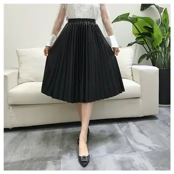 

1pc Spring Women Long Metallic Silver Maxi Pleated Skirt Midi Skirt High Waist Elascity Casual Party Skirt Vintage