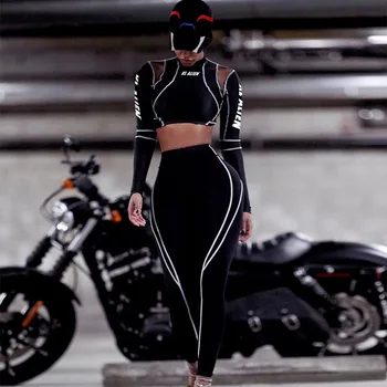 

Women Fitness Sporting Two Pieces Set Letter Print Turtleneck Top Leggings Striped Patchwork 2020 Fashion 2 Pcs Tracksuits