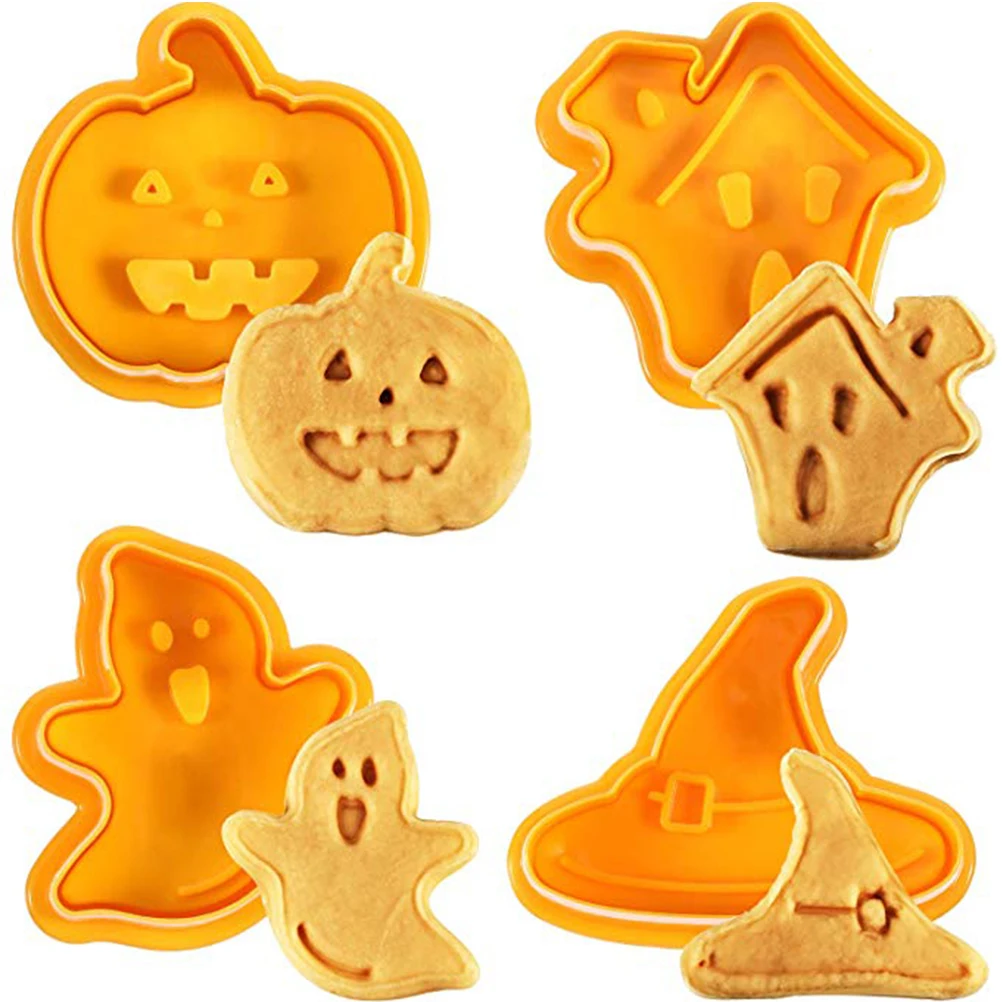 

4pcs/Set Halloween Cake Mold Plunger Biscuit Mold Cutter Plastic Cookie Cutter Biscuit Stamp Mould Fondant Tool Pastry Tools