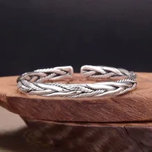 

999 Retro Pure Hand Woven Thai Silver Cuff Charm Bracelet,Open Bracelet for Men and Women, Love Interwoven Bracelet Jewelry Gift
