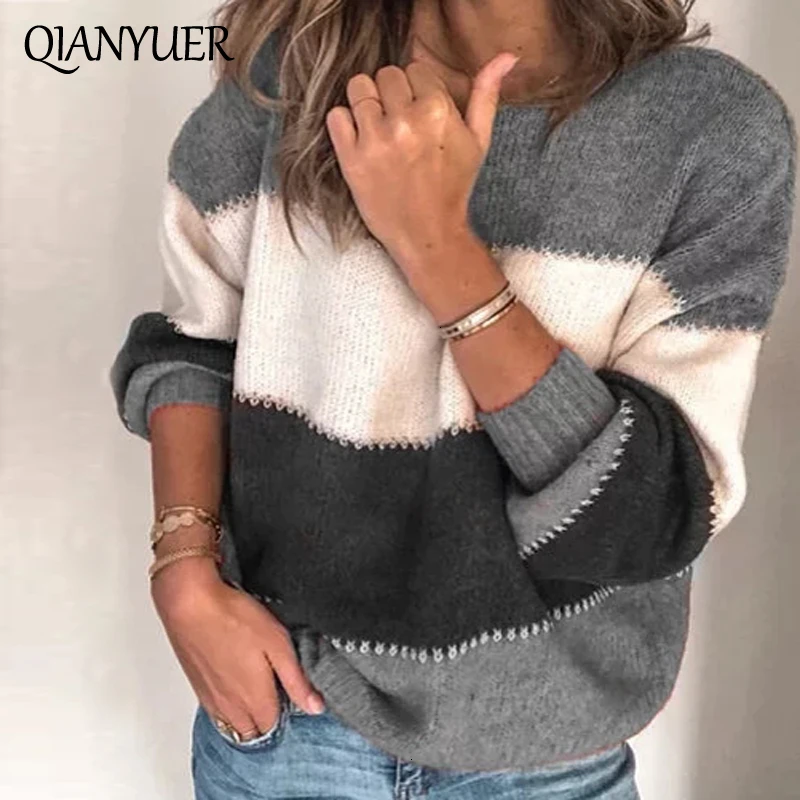 Women Sweater Fashion Patchwork Sweater Women Casual Autumn Winter Long Sleeve Knitted Sweaters Pullover Female Tops Jumper Women Sweater Fashion Patchwork Sweater Women Casual Autumn Winter Long Sleeve Knitted Sweaters Pullover Female Tops Jumper