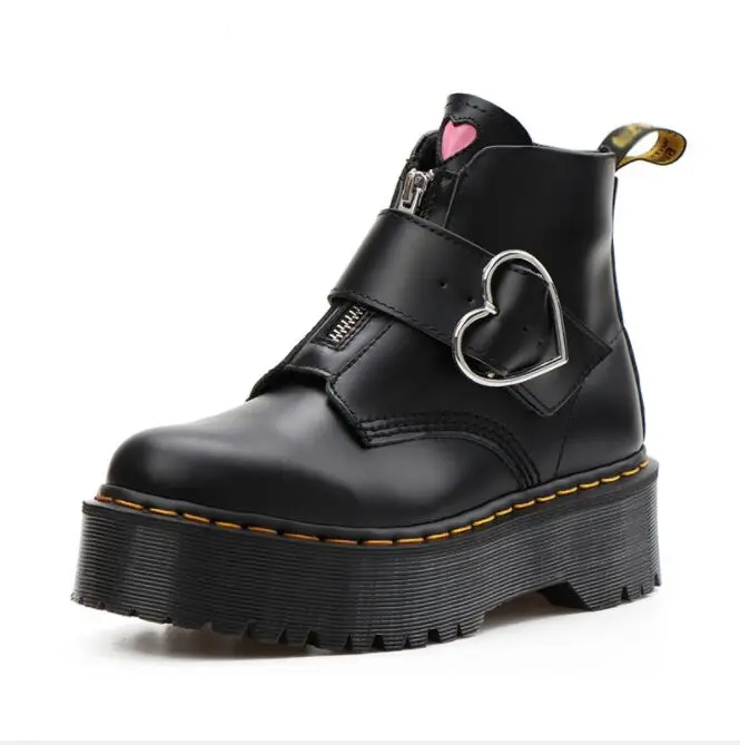 Thick heel genuine leather Women martin boots heart shape buckle boots zip platform boot ladies zy8473