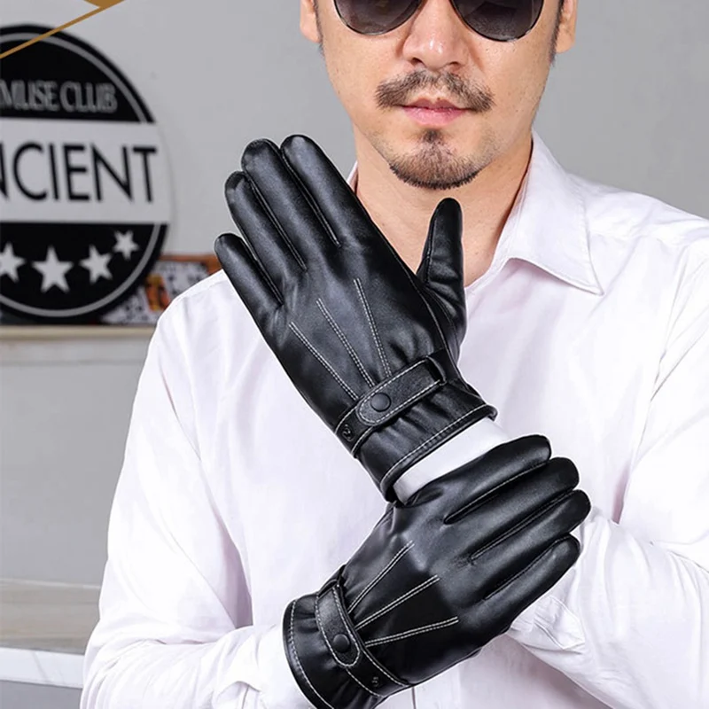 Мужские модные перчатки из натуральной кожи, тонкие/толстые плюшевые зимние теплые перчатки из овечьей кожи с сенсорным экраном, перчатки для вождения, варежки