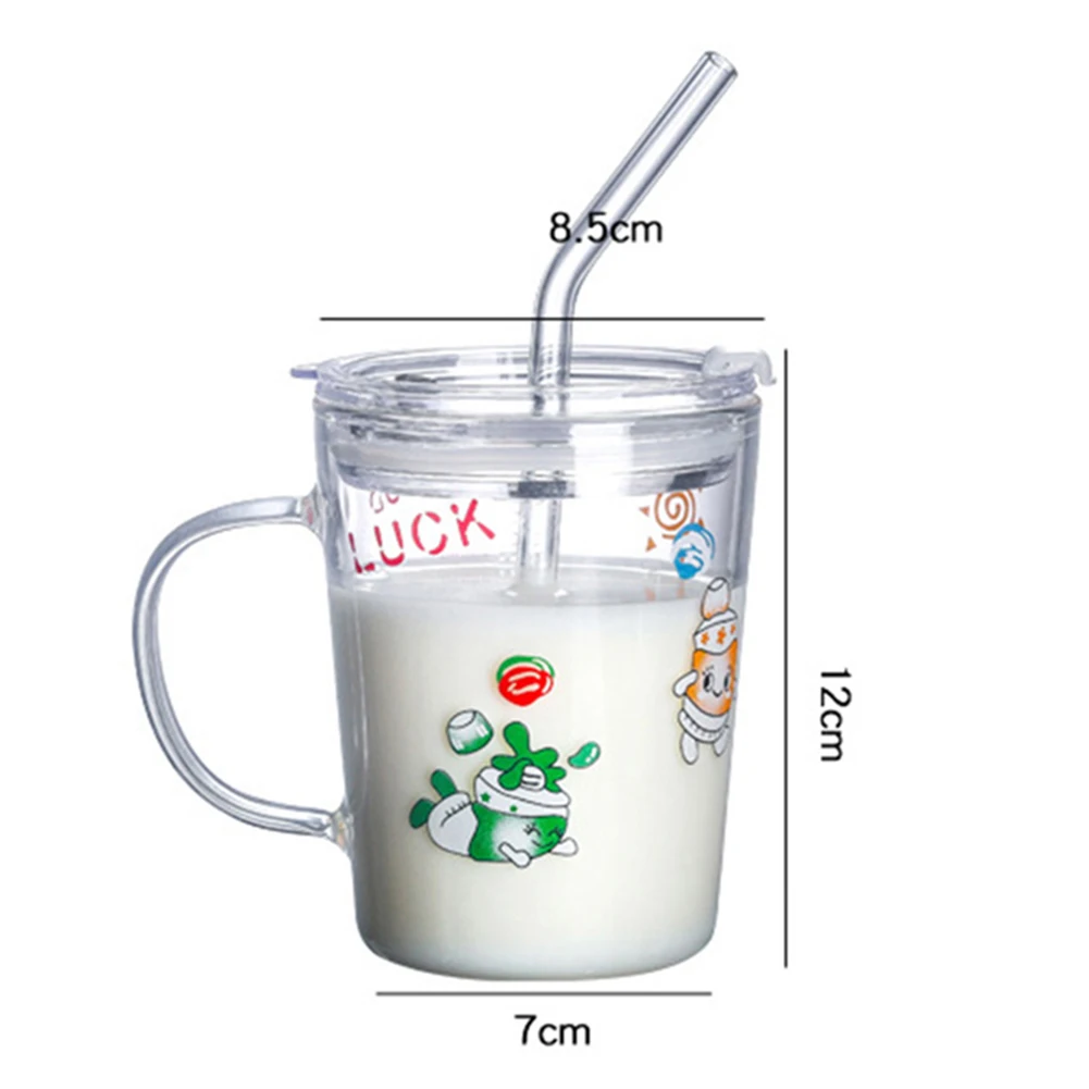 With Straw, With Lid,Pencil Luck Watermelon Double Wall Water Milk Tea Glass Cup Mug 350ml