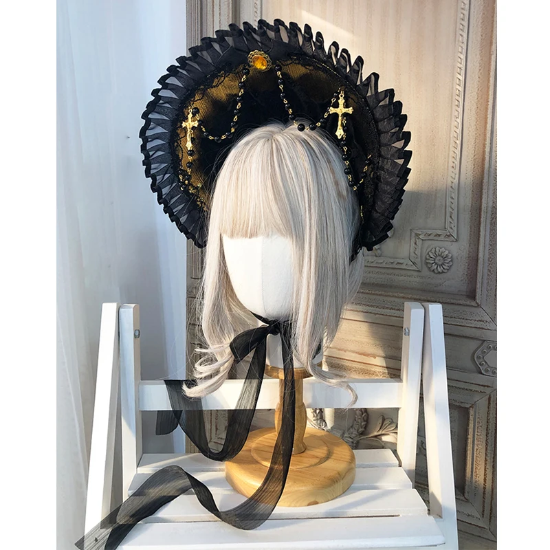 

Gothic Witch BNT Victorian Vintage Princess Lolita Lace Cross Decor Bonnet Headwear Top Hat Handmade Bandage Sun Hat Bonnet