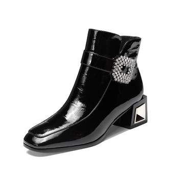 

Elegant Office Women Ankle Boots Genuine Leather crystal Party Shoes Woman High Heels Autumn Winter Warm Short Boots size 41 42
