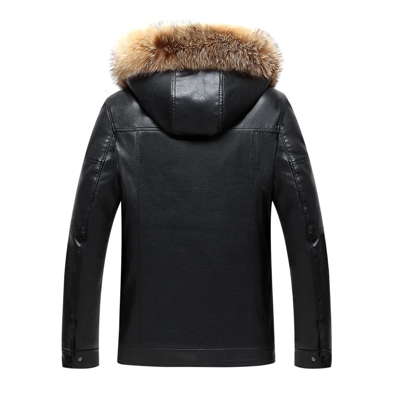 VSD New Winter Thicken Leather Jacket Men Raccoon Fur Collar Hooded Leather Jackets and Coats Casual Long Windproof Jacket Male