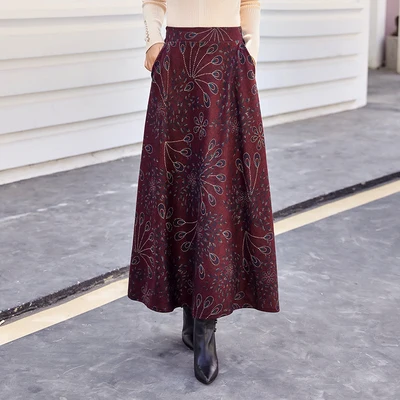 HAYBLST брендовая Длинная женская юбка осень зима размера плюс 3XL элегантный корейский Стиль Высокая талия модный принт шерстяная одежда - Цвет: Peacock screen Print