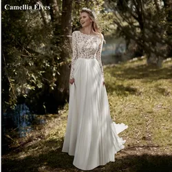 Bohemian Lace Long Sleeve Wedding Dress A-line Open Back Boho Bride Dresses Chiffon Modest O Neck Bridal Robes Robe De Mariee