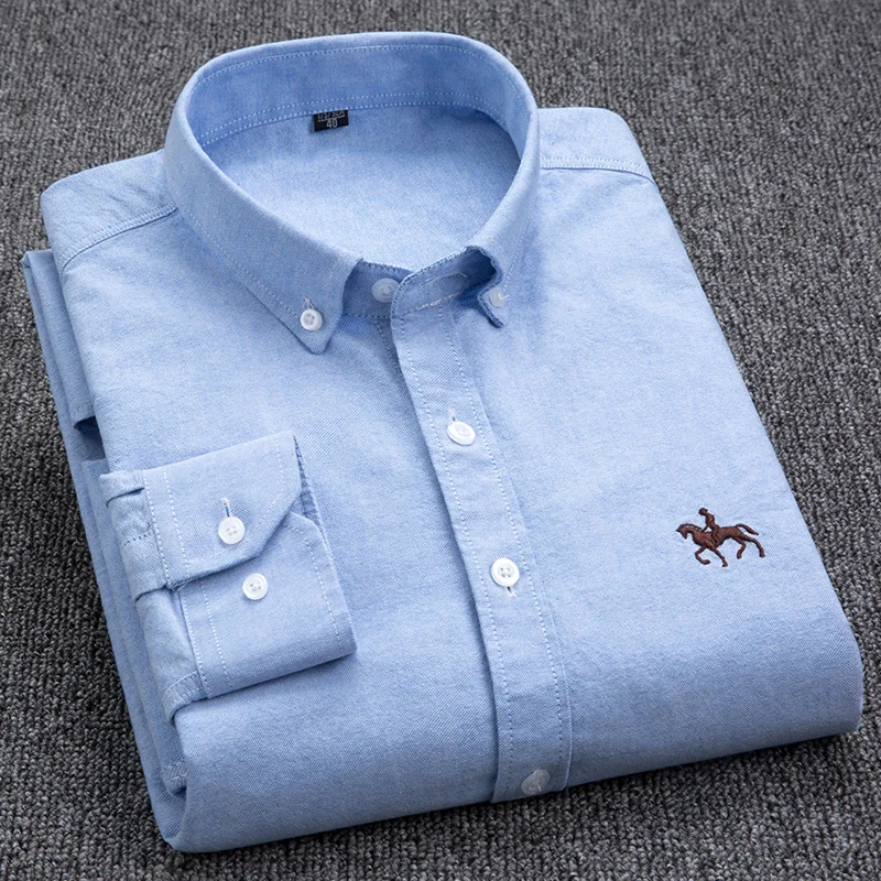 Men's Long Sleeve Oxford Cotton Shirt - Embroidered Horse Design, Solid Yellow, Plus Size S-6XL