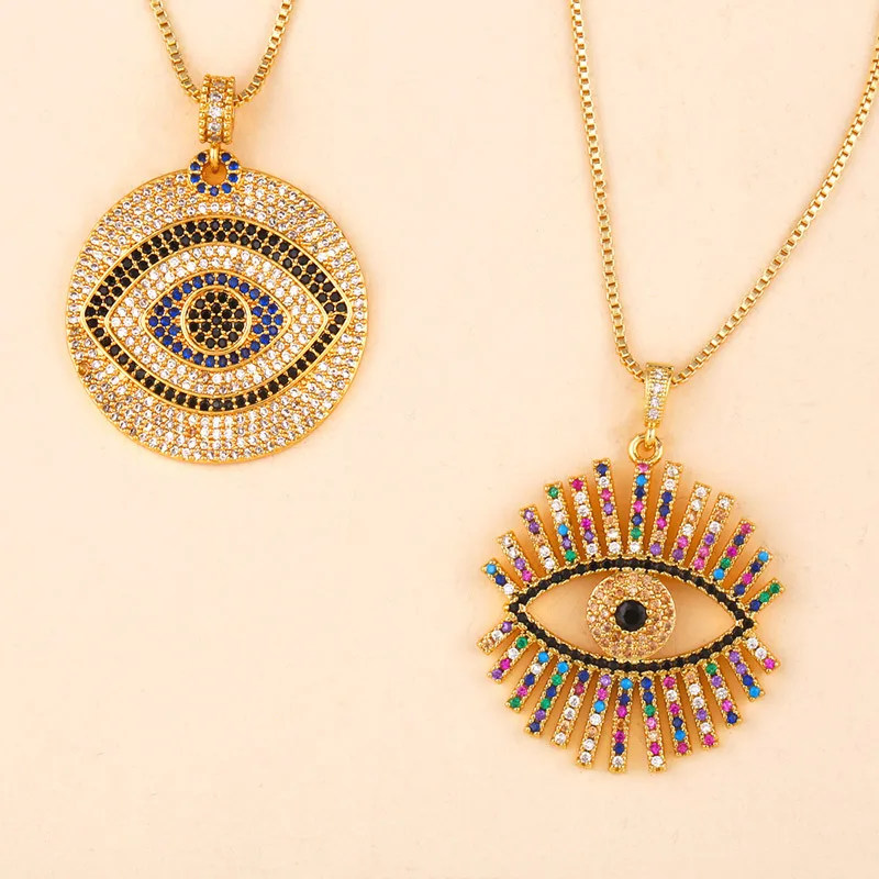 Lucky Eye красочный Циркон ожерелье от сглаза медные, золотистого цвета Длинная цепочка круглая подвеска ожерелье ювелирные изделия для женщин LE233