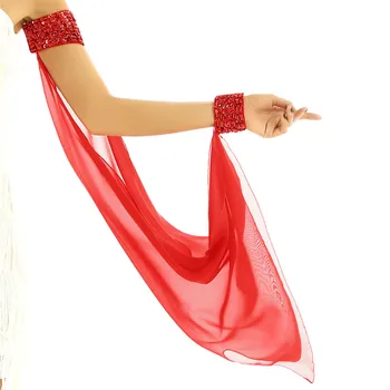 

Women Shiny Sequins Chiffon Oversleeve Hook and Loop Fastening Arm Cuff with Bright Beads Belly Dance Costume Accessories