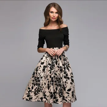 

Autumn Floral Stitching Women's Medium-length Sexy Slim Shoulder Party Bohemian Dress Vintage Retro