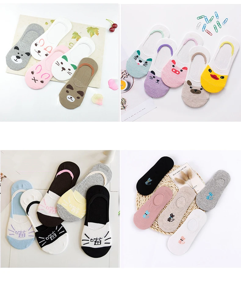 

5 Pairs Cartoon Spring Summer Socks Shallow Korean Kawaii Anti-Slip Silicone Happy Female Invisible Animal Cute Lady Boat Sock
