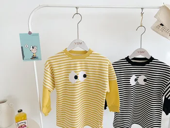 

2020 spring new dress for girls children's fake 2-piece eye stripe dress Report cotton long sleeve cartoon dress