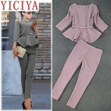 2020 Women's Business Pants Suits plaid Houndstooth Checker Pattern Ruffles Suits For Women spring pink 2 Pieces Set outfits 2020 Women's Business Pants Suits plaid Houndstooth Checker Pattern Ruffles Suits For Women spring pink 2 Pieces Set outfits