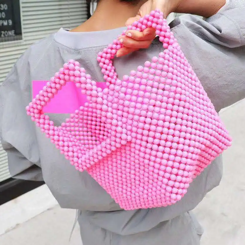

Caker Brand 2019 Women Pink White Pearl Beaded Bag High Quality Tote Drop Shipping
