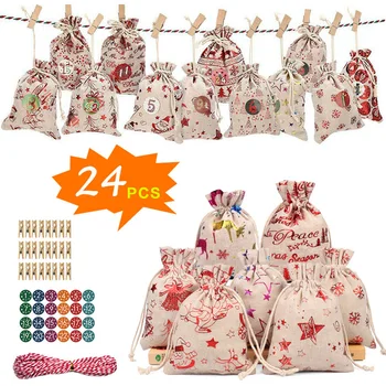 

24Pcs/Set Christmas Gift Bags 24Days Countdown Advent Calendar Sticker Hemp Rope and Clips DIY Holiday Christmas Decorations