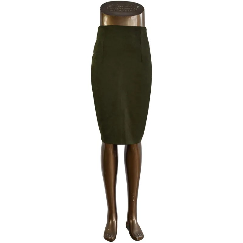 Новая Осенняя Женская юбка Дамская искусственная замша карандаш с высокой талией Bodycon Сплит толстые эластичные сексуальные юбки женская OL юбка офисная - Цвет: XY01 army green