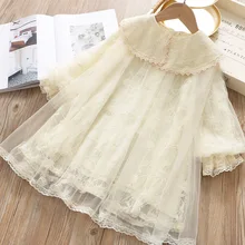В году, новая весенняя детская одежда Корейский вариант с сеткой для девочки пряжа кружева кукла воротник принцесса платье Дети с длинным рукавом платья