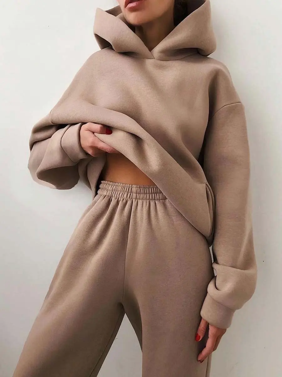 Women's Tracksuit Autumn Plus Fleece Sweatshirts Two Piece Set Casual Oversized Solid Female Sports Hoodie Suit Long Pant Sets