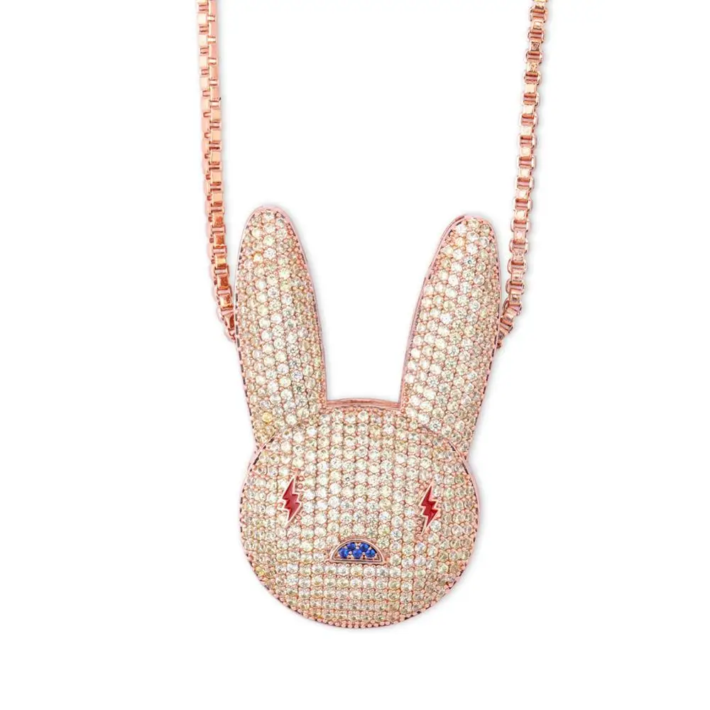 GUCY NEW Bad Bunny Pendant Necklace Iced Out AAA Cubic Zirconia Bling Men's Women Hip hop Jewelry - Окраска металла: Rose Gold