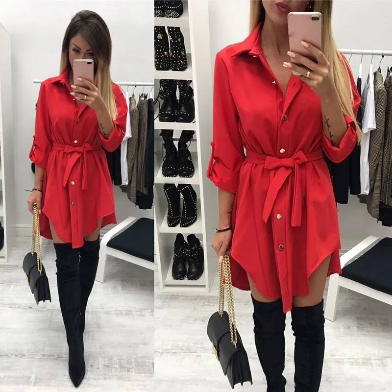 

2019 Fall Women Button Army Green Red Black Asymmetric Mini Dresses Casual Turn-Down Collar Long Sleeve Shirt Dress