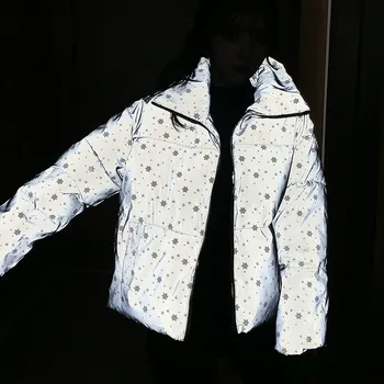 

Winter Reflective Padded Coats Women Fashion Thicken Warm Coat Casual Loose Cotton Jackets Sequins Printed Jacket Plus Size