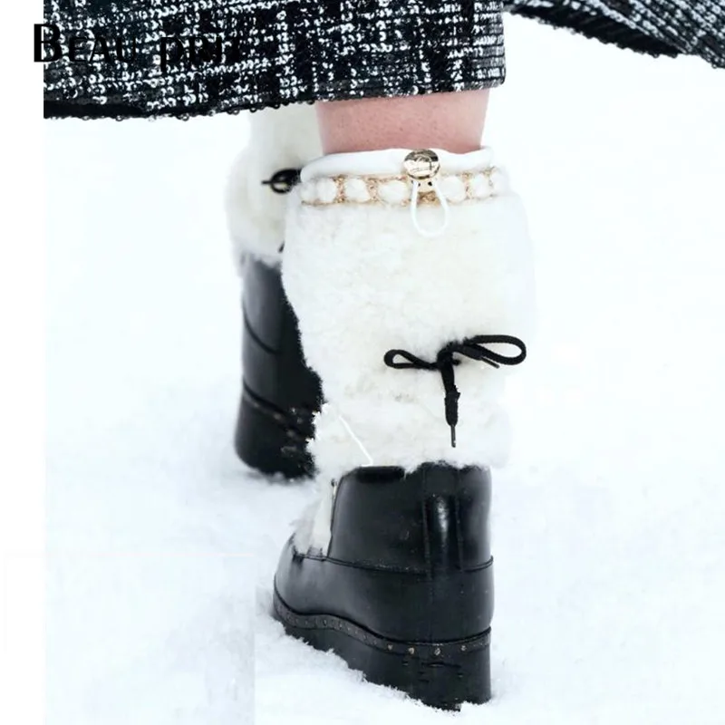 Шерстяные черные зимние ботинки на меху; женская зимняя обувь; теплые плюшевые ботинки на платформе; Средний теленок; botas mujer invierno;
