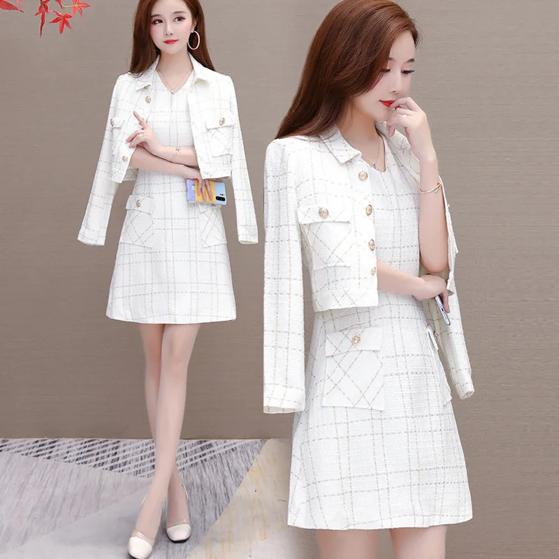 

Short-height Dress 2019 New Style Spring And Autumn Graceful Plaid Cropped Jacket Slimming Vest A- line Skirt Two-Piece Set