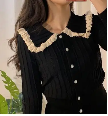 Очень нравится этот свитер! Жемчужный кардиган с пуговицами, Женский трикотажный топ с кружевным подолом, облегающая футболка Kawaii Jersey Mujer Pull Femme - Цвет: Черный