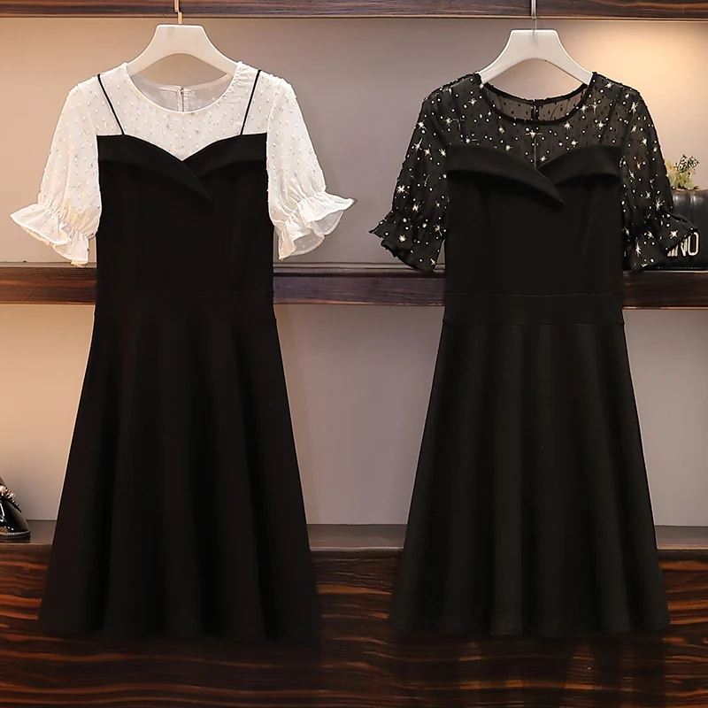 

Women's Plus Size Party Dress 2020 Summer New Korean-Style Loose Stitching Straps Stitching Short Sleeve Dress Lady Sexy Dress