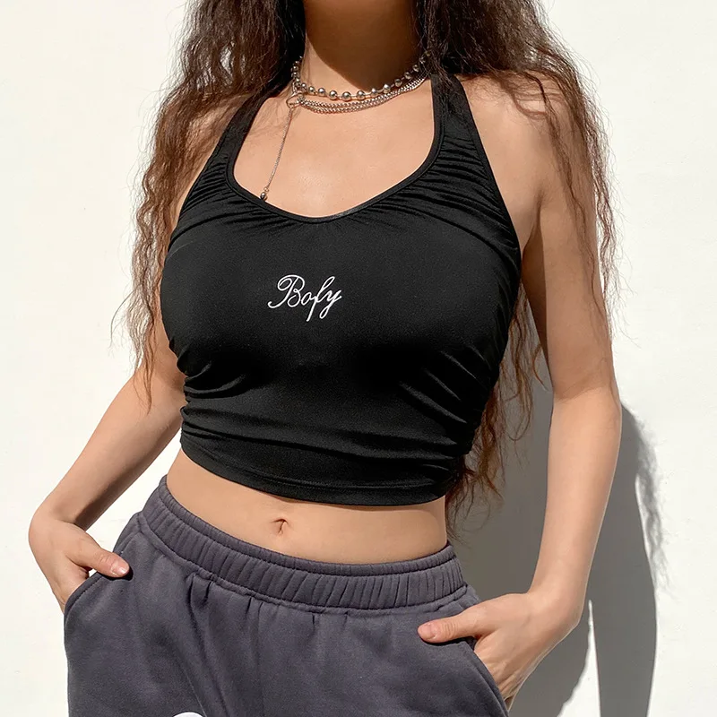 E-girl Aesthetics Ruched Backless Halter Tops women Y2K Streetwear Letter Embroidered Sleeveless Black Tank Tops Gothic Vests white bra