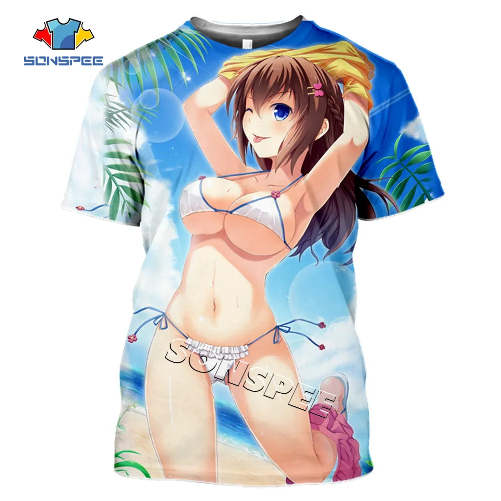 

SONSPEE Summer Beach Seaside Sexy Anime Girl Printed T-Shirt Fashion Men's T Shirts Funny Hip Hop Harajuku Short Sleeve Tee Tops