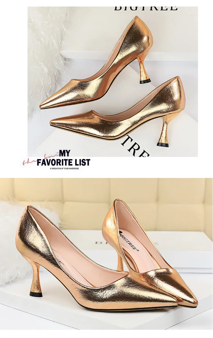 New Women Pumps High Thin Heel Metal Pointed Toe Shallow Sexy Ladies Bridal Wedding Women Shoes Gold High Heel Female Pumps