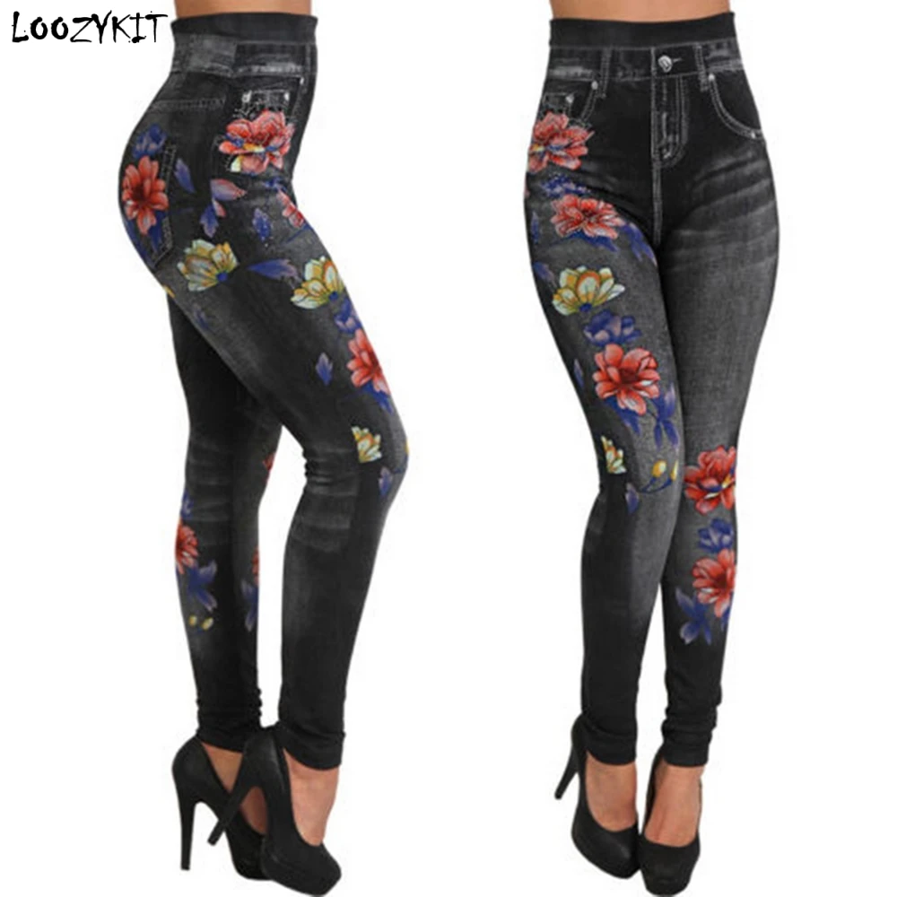 

Loozykit Yoga Leggings Spring Autumn 2019 Women Sports Pants Fashion Faux Denim Jean Trousers Floral Flower Pants Printing Gym