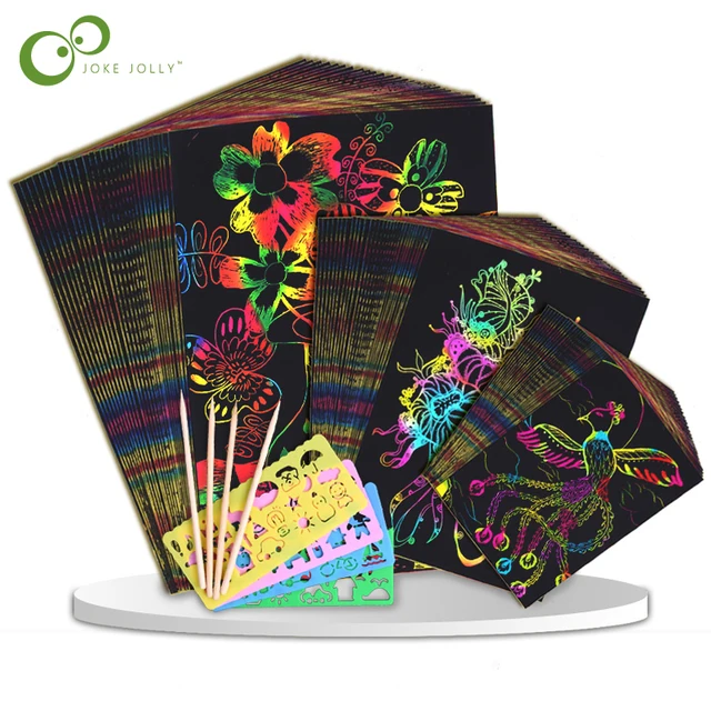 Magic Color Rainbow Scratch Art Paper Card Set with Graffiti Stencil for Drawing Stick DIY Art Painting Toy Kids Gift GYH 1