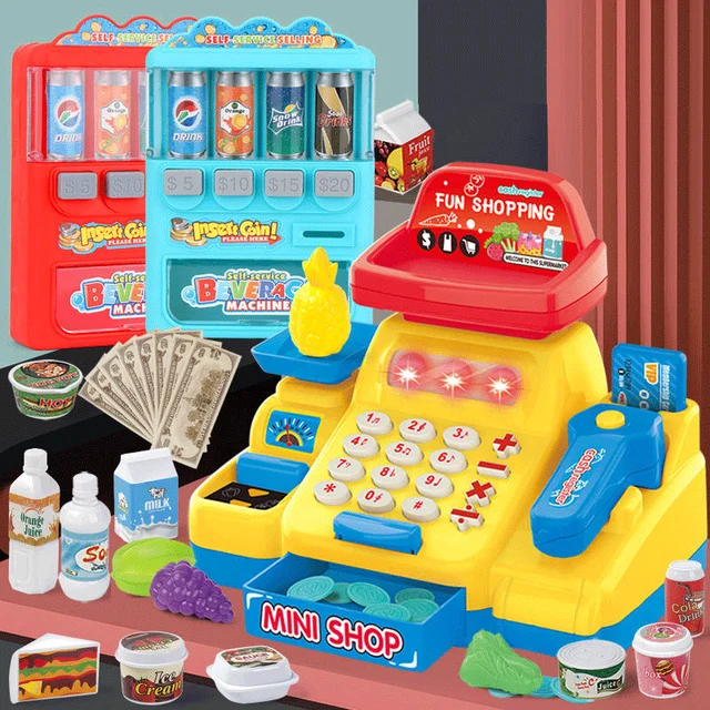 Children's Cash Register Toy Play House Baby Girl Supermarket Simulation Cash Register Set Beverage Coin Vending Machine 3