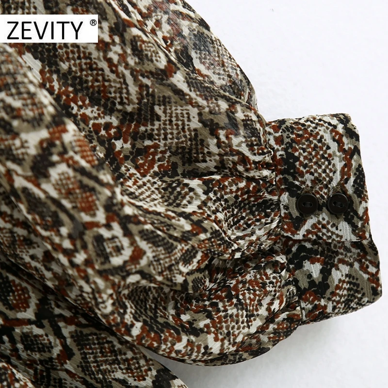 ZEVITY women vintage snake skin print sashes chiffon mini dress chic ladies long sleeve bow collar vestido casual dresses DS4446