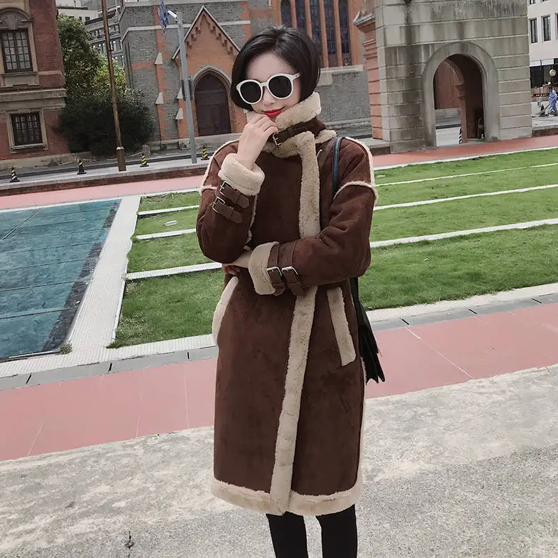 Новое зимнее длинное пальто из искусственной кожи, женская модная утолщенная теплая замшевая куртка, парка из овечьей шерсти, верхняя одежда, Jaqueta Lady