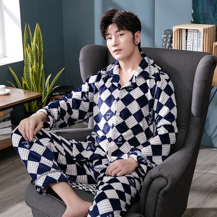 

Coral Velvet Pajamas Men's Winter Thick plus Velvet Men's Autumn And Winter Flannel Winter Middle-aged Warm Homewear Set