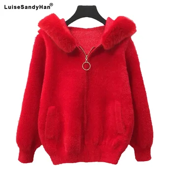 

2020 short section velvet hooded sweater coat female autumn and winter new loose loose mink fur collar cardigan