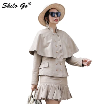 

Genuine Leather Coat Multicolor Party Elegant Mock Neck Cloak Long Sleeve Solid Slim Coats Autumn Women Double Breasted Outwear