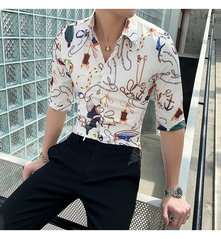Брендовая мужская рубашка с коротким рукавом Camisa, модная повседневная приталенная рубашка, летняя Дизайнерская одежда для клубной вечеринки, выпускного вечера