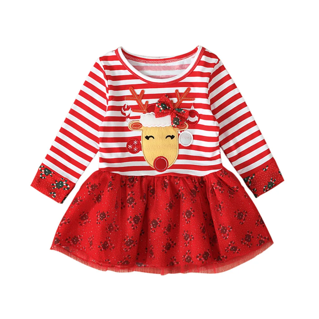 Рождественские наряды для маленьких девочек; Полосатое платье-пачка из тюля с длинными рукавами и рисунком Санта-Клауса для маленьких девочек; Комплект резинок для волос - Цвет: Red